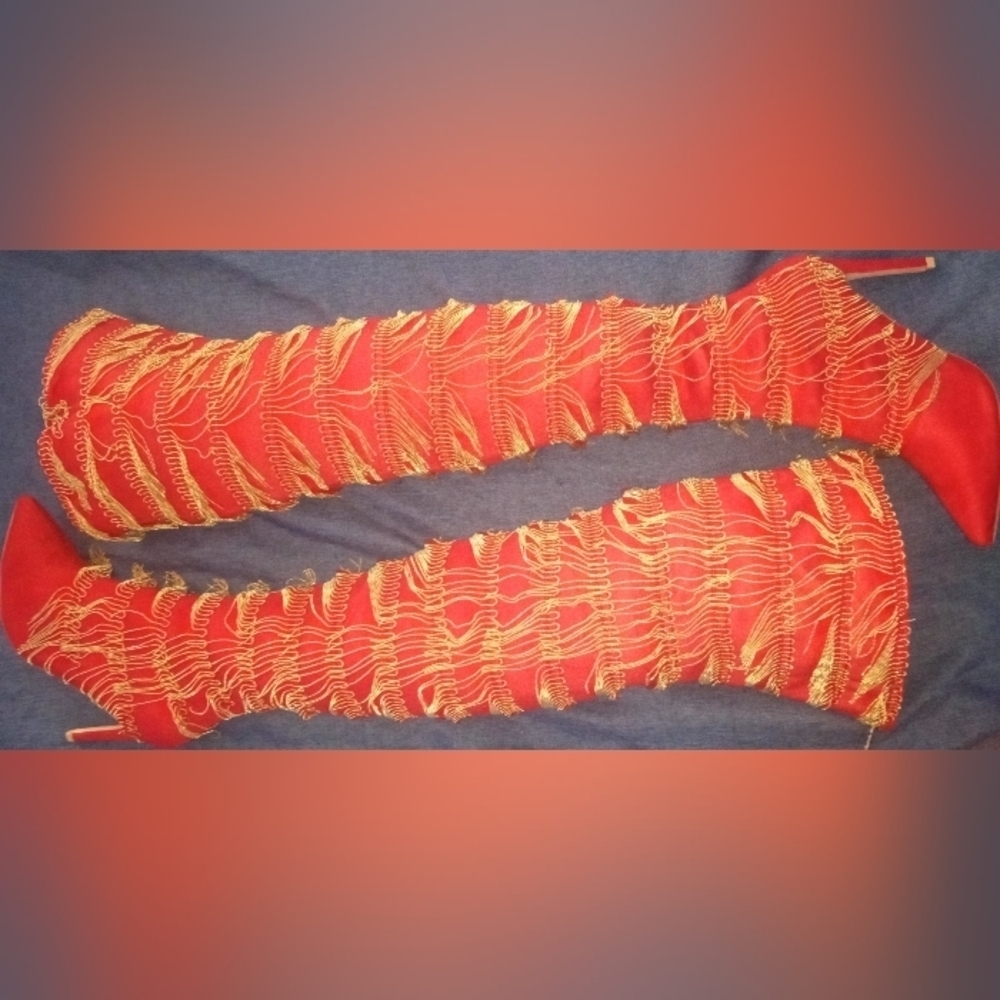 AZALEA WANG "Sanctified Glory" Red Boots With Gold Chained Frills